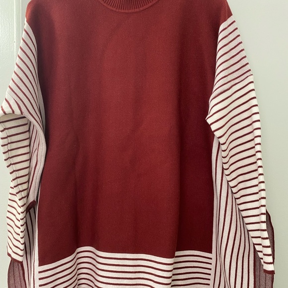 SZ M, Burgundy & Cream, T-Neck, Sleeved Poncho Sweater with Stripes. - Picture 3 of 3